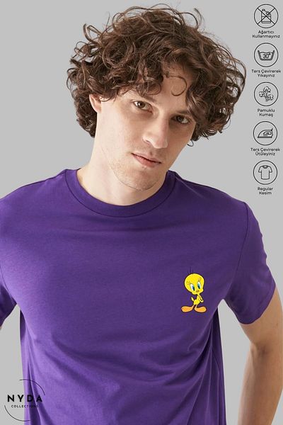 Nyda Collections Μπλουζάκι Unisex Crew Neck Tweety με εμπριμέ βαμβακερό κοντό μανίκι