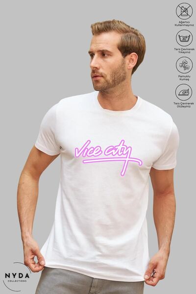 Nyda Collections Tricou supradimensionat unisex din bumbac cu imprimeu Vice City - Decolteu, mânecă scurtă