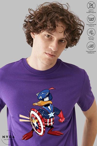 Nyda Collections Μπλουζάκι με κοντό μανίκι Unisex με λαιμόκοψη Donald Duck Captain America με στάμπα από βαμβάκι