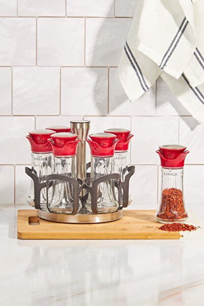 Karaca Glass Nori Round 7 Piece Spice Set Red 7 Pieces