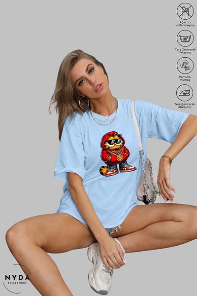 Nyda Collections Tricou cu mânecă scurtă, unisex, cu gât crew, cu gât dolar, din bumbac imprimat Garfield