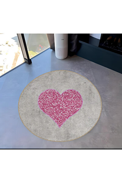 Rugs Modern Halı Pembe Gri Temalı Kalp Desenli Yuvarlak Dokuma Taban Modern D...