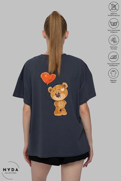 Nyda Collections Tricou oversize din bumbac unisex cu imprimeu urs - decolteu...