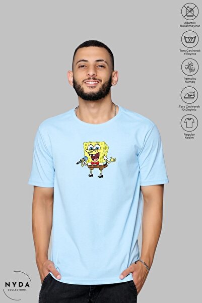 Nyda Collections تي شيرت إسفنجي قطني كبير الحجم مطبوع للجنسين من Bob - رقبة د...
