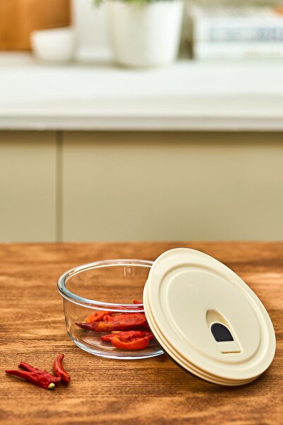 Karaca Cream Vacuum Glass Storage Container with Lid 0.39 Lt