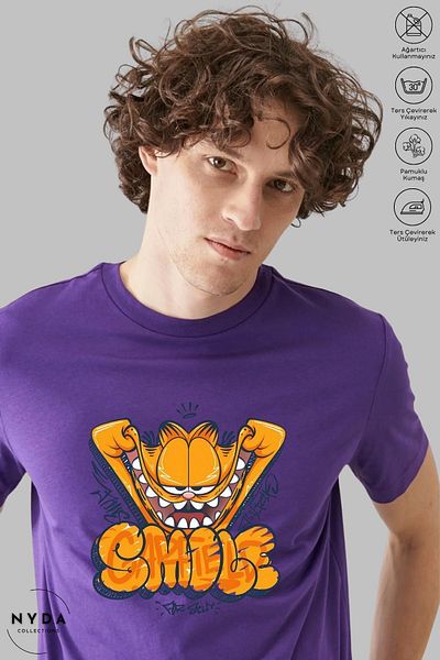Nyda Collections Μπλουζάκι Unisex Crew Neck Garfield Smile με εμπριμέ βαμβακερό κοντό μανίκι