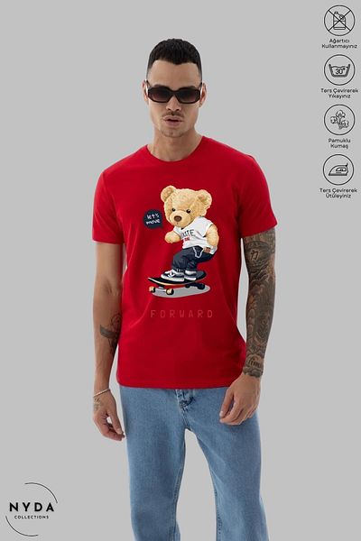 Nyda Collections Unisex Crew Neck Teddy Bear Printed Cotton Oversize Short Sleeve T-Shirt