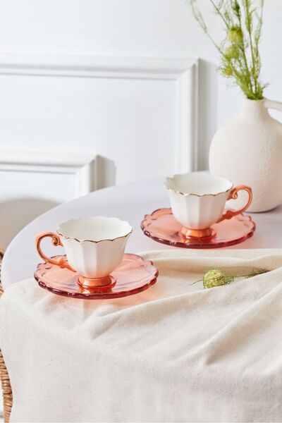 Karaca Samo Set of 2 Orange Coffee Cups with Acrylic Saucers 90 ml