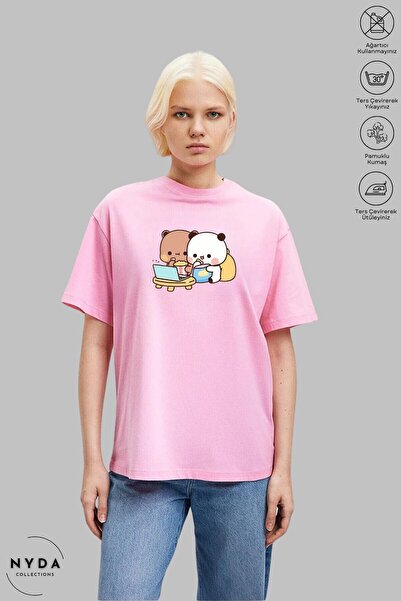 Nyda Collections Tricou oversize din bumbac unisex cu imprimeu ursuleț - deco...