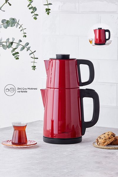 Karaca Tea Break Red Inox Steel Kettle & Tea Maker