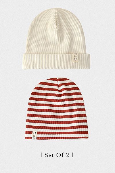 Doğan Collection 2-piece Ribbed Ecru-striped Tile Beanie Set