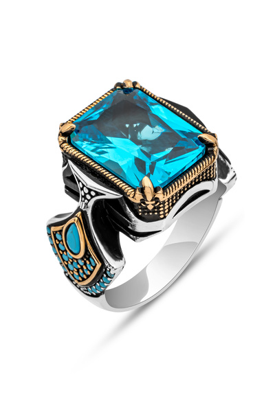 ALYANSEVİM Kare Aqua Mavi Taşlı 925 Gümüş Erkek Yüzük