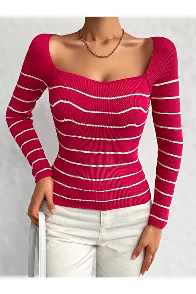 Depox Fuchsia White Striped Women's Knitwear Blouse