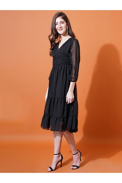 U&F By Styli Dobby V Neck Tiered Midi Dress