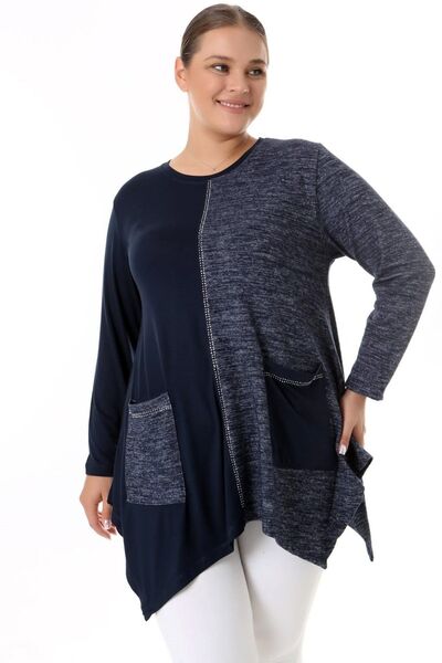 Kheos Double Color Blocked Stone Embroidered Round Neck Long Sleeve Asymmetrical Tunic Blouse