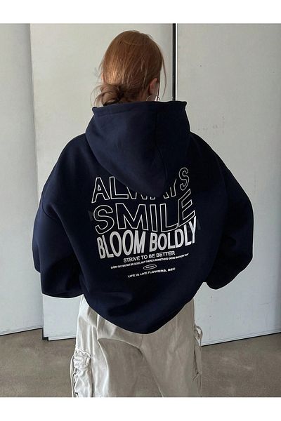 PALPİTO Hanorac pentru femei cu imprimeu Always Smile bleumarin - Hanorac cu glugă cu 3 fire