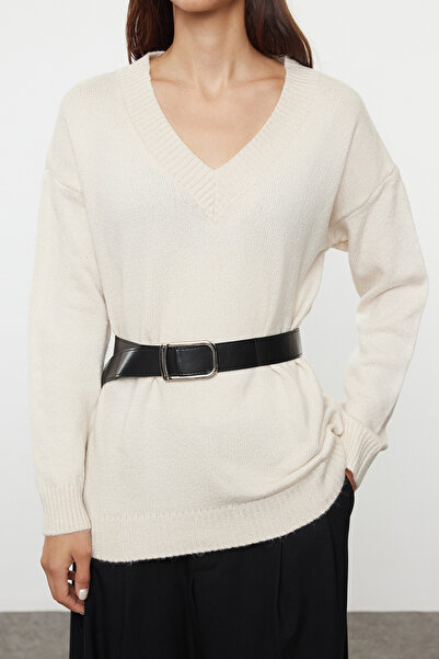 Trendyol Collection Široký pletený svetr s měkkou texturou – s páskem Twoaw25Kz00054