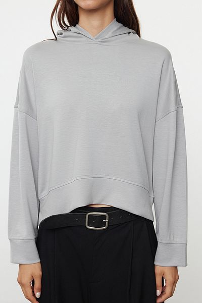 Trendyol Collection Soft Buttoned Gray Hooded Knitted Sweatshirt - Stitching Detail, Regular Cut TWOAW25SW00056