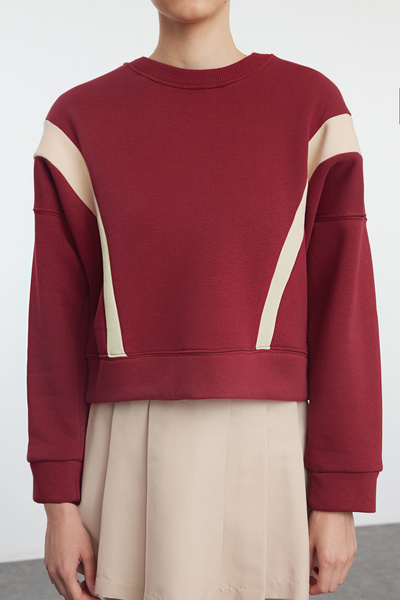 Trendyol Collection Crew Neck Claret Red Blocked Knitted Sweatshirt - Regular Fit TWOAW25SW00042
