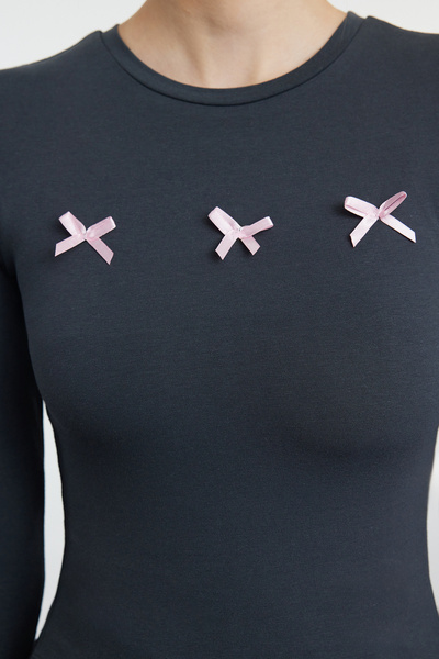 Trendyol Collection Anthracite Crop Knitted Blouse - Bow Detail, Short Slim Fit TWOAW25BZ00150