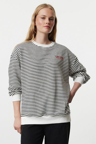 Trendyol Collection Langärmliges Strick-Sweatshirt - Schwarz gestreift, Slogan-Stickerei, weite Passform TWOAW25SW00062