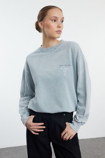 Trendyol Collection Knitted Gray Oversize Sweatshirt - Front and Back Print, Washable Pale Effect Twoaw25Sw00102