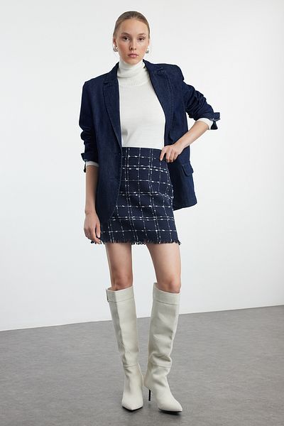 Trendyol Collection TWOAW21ET0026 - Sötétkék kockás mini Tweed szoknya