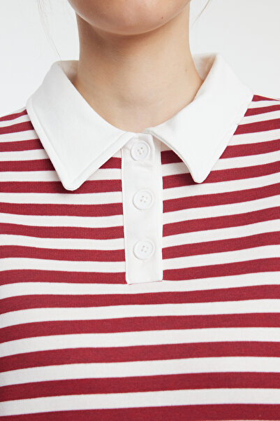 Trendyol Collection Polo Collar Claret Red Striped Oversize Sweatshirt - Thick Fleece Inside TWOAW24SW00344
