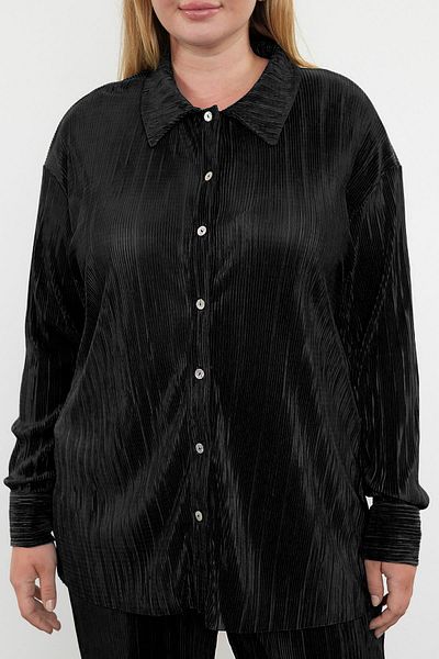 Trendyol Curve Plus Size Pleated Shirt and Pants Set - Black Elastic, Stretch TBBAW25CP00010