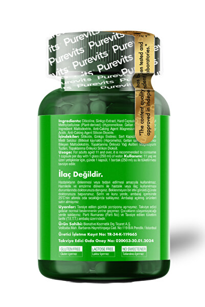 Purevits Ginkgo Biloba Citicoline + Focus - 30 Vegan Kapsül