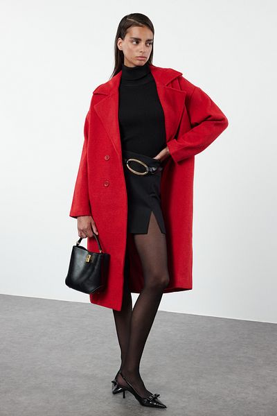 Trendyol Collection Langer Oversize-Mantel aus Wolle mit Stempelmuster - Rot TWOAW21KB0038