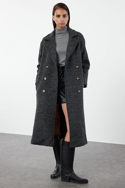 Trendyol Collection Długi antracytowy płaszcz Boucle - Regular Fit Twoaw25kb00034