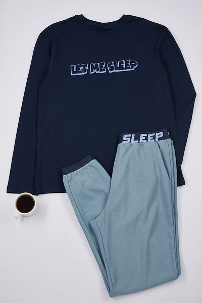 Trendyol Collection Sötétkék Regular Fit nyomott pizsama szett - 100% pamut gumiabroncs részletekkel TMNAW25PT00005