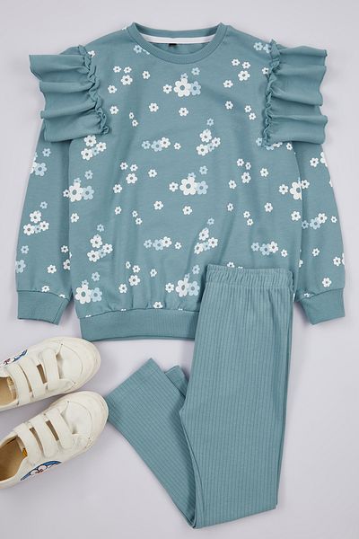 TRENDYOLKIDS Mint Slogan Cotton Top and Bottom Set - Tkdaw25Au00005