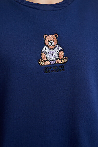 Trendyol Collection Sötétkék normál/normál szabású hímzett vastag kötött pulóver TWOAW25SW00050