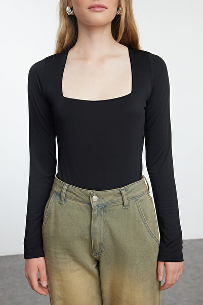 Trendyol Collection Stretchy Square Collar Black Knitted Body - Long Sleeve with Snap Fasteners TWOAW25BD00018