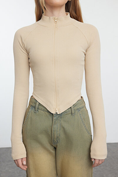 Trendyol Collection Flexible Corded Knitted Blouse - Mink Washed, Zippered, Fitted TWOAW25BZ00171