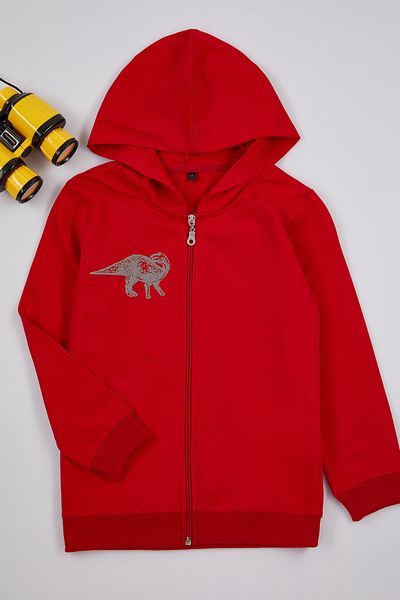 TRENDYOLKIDS Fiú piros kötött kardigán - nyomtatott, kapucnis, cipzár TKDAW25HI00003