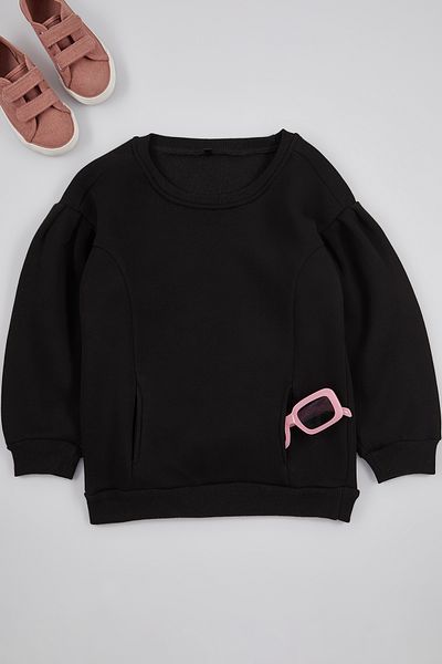 TRENDYOLKIDS Girl's Black Knitted Sweatshirt - Pocket and Sleeve Drawstring Tkdaw25Sw00025