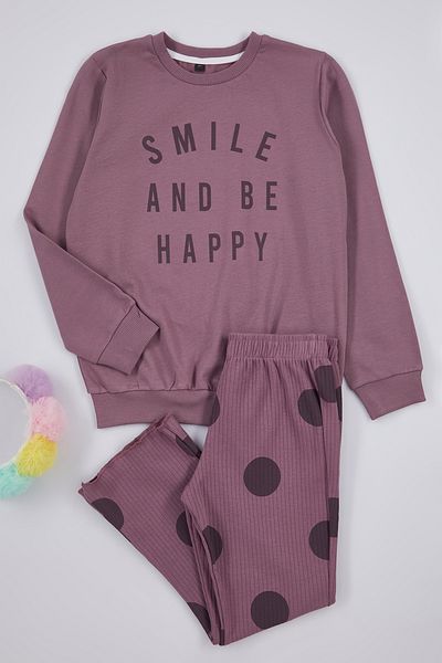 TRENDYOLKIDS Cotton Purple Slogan Top and Bottom Set - Tkdaw25Au00005