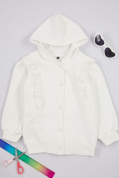 TRENDYOLKIDS Girl's Ecru Cotton Hooded Cardigan - Ruffle Detailed Tkdaw25Hi00004