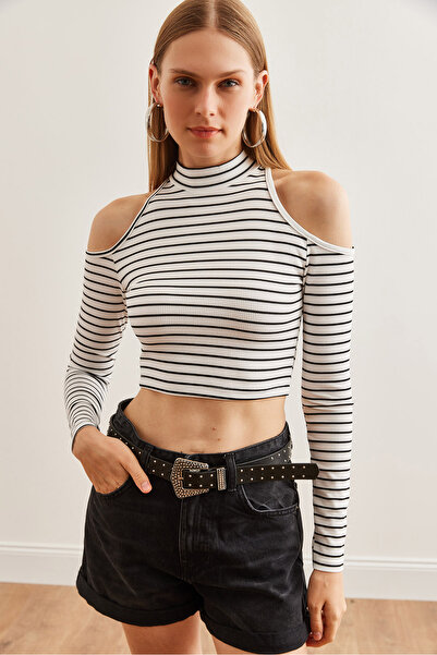 Olalook Λευκή ριγέ Off-shoulder Crop μπλούζα - Blz- 19002704