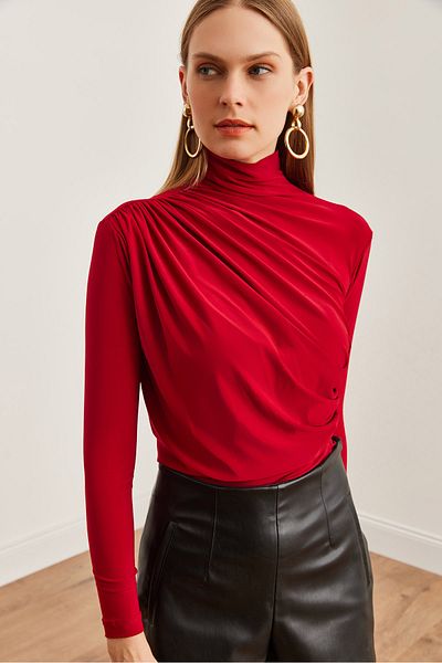 Olalook Bluză elegantă de damă cu detaliu drapat roșu Claret - BLZ- 19002712