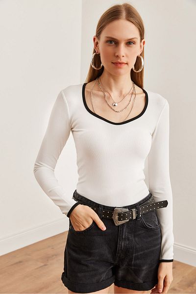 Olalook Λευκή ριγέ εύκαμπτη γυναικεία μπλούζα - Pool Collar Blz- 19002714