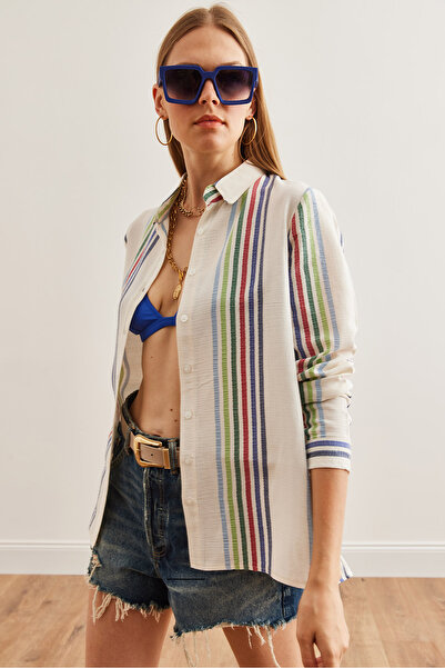 Olalook Cămașă de damă din muselină cu dungi albe - GML- 19001236