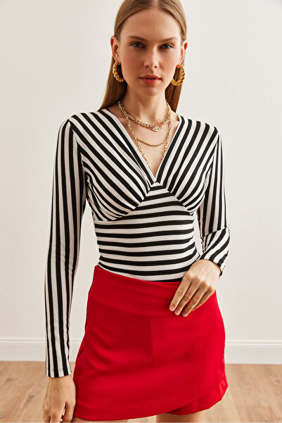 Olalook Bluză de damă cu dungi negre Waffle - Deep Low Fit BLZ- 19002716