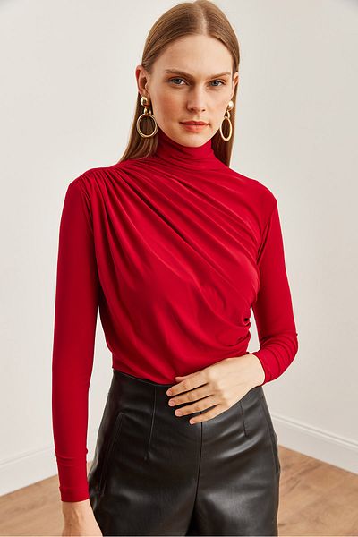 Olalook Bluză elegantă de damă cu detaliu drapat roșu Claret - BLZ- 19002712