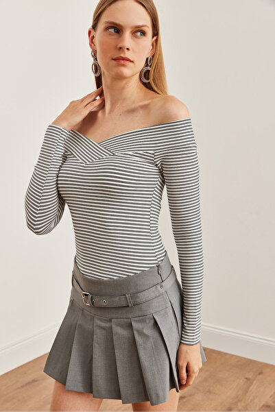 Olalook Bluză de damă cu dungi cu guler alb - BLZ- 19002715