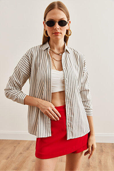 Olalook Black Bat Striped Oversize Linen Women's Shirt - Gml- 19001235