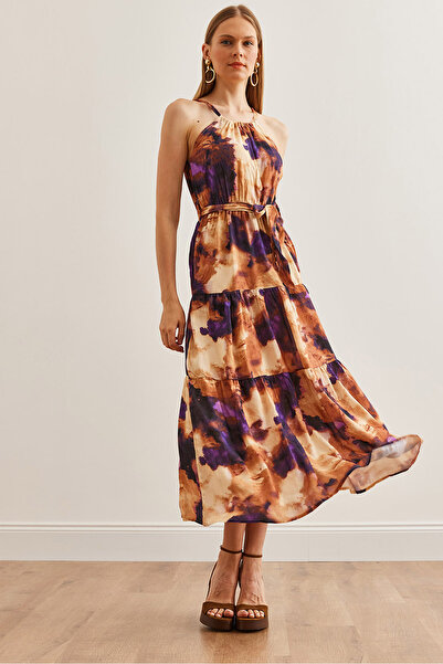 Olalook Purple Tie-dye Halter Collar Belted Viscose Dress - ELB- 19001548